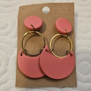 Chic Pink and Gold Hoop Earrings Handmade Clay